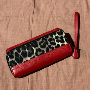 Red leather and leopard print Coach wristlet